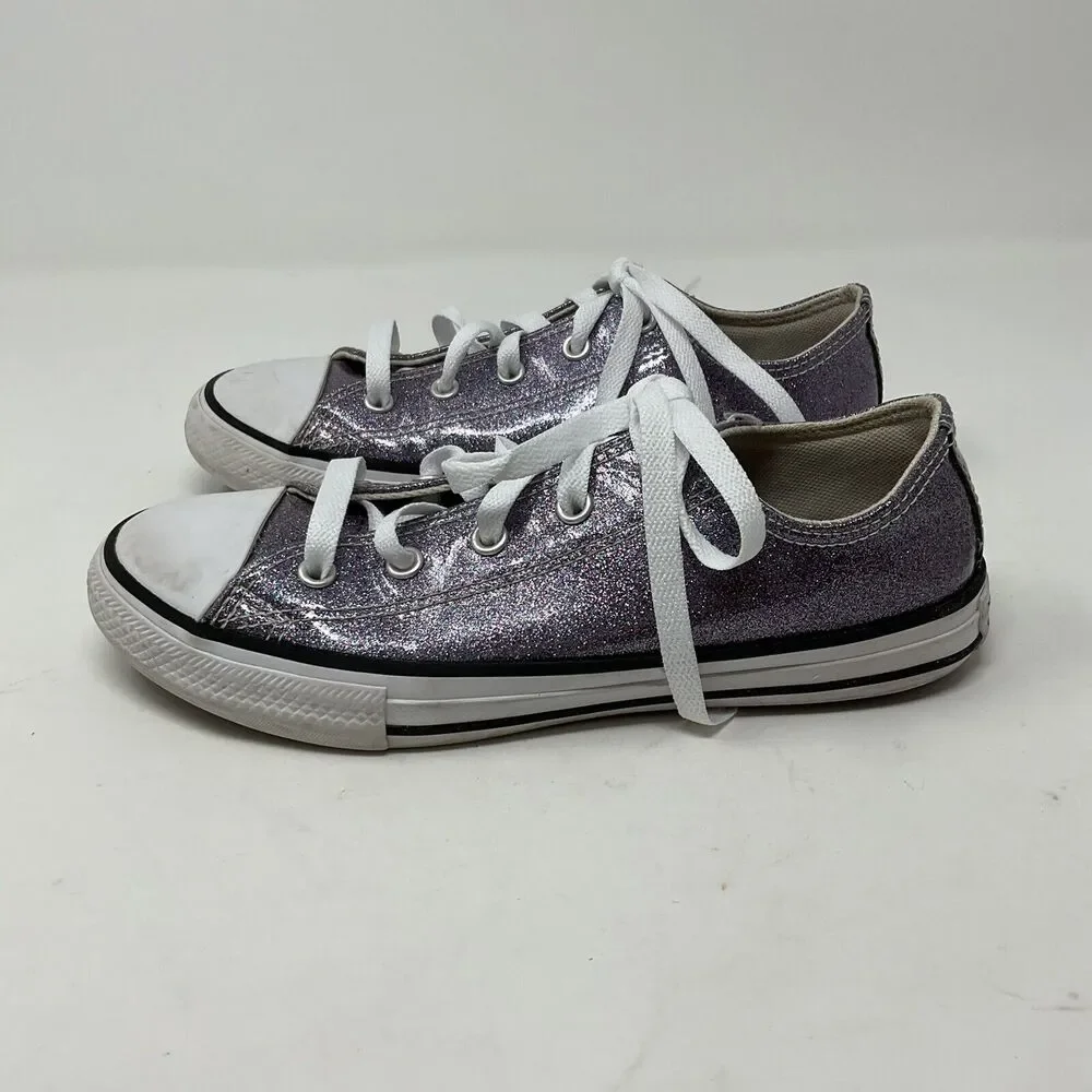 Converse All Star Low Top Sneakers Youth Girls Sz 3 Purple Glitter Sparkle Shoes